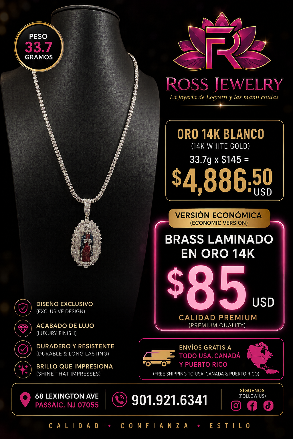 Mon ice MAs dije de virgen Brass laminado en oro blanco 14 k